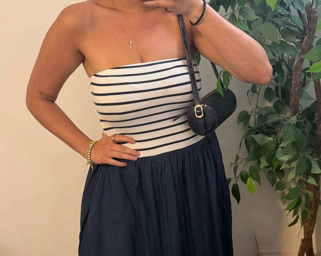 Striped & Strapless Midi Dress