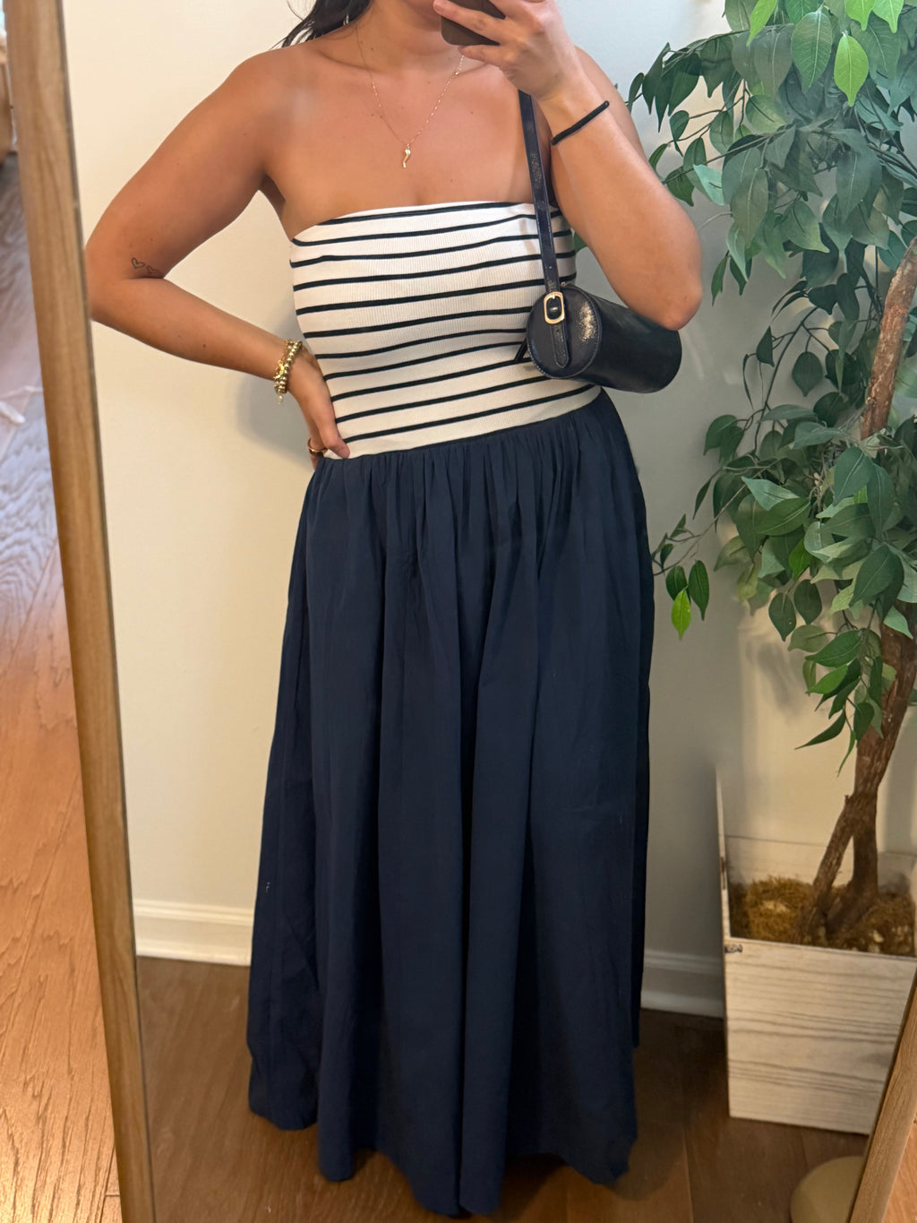 Striped & Strapless Midi Dress