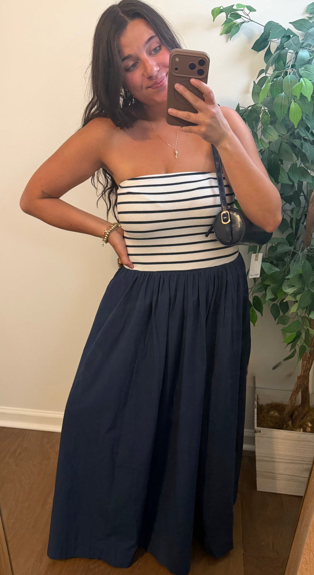 Striped & Strapless Midi Dress