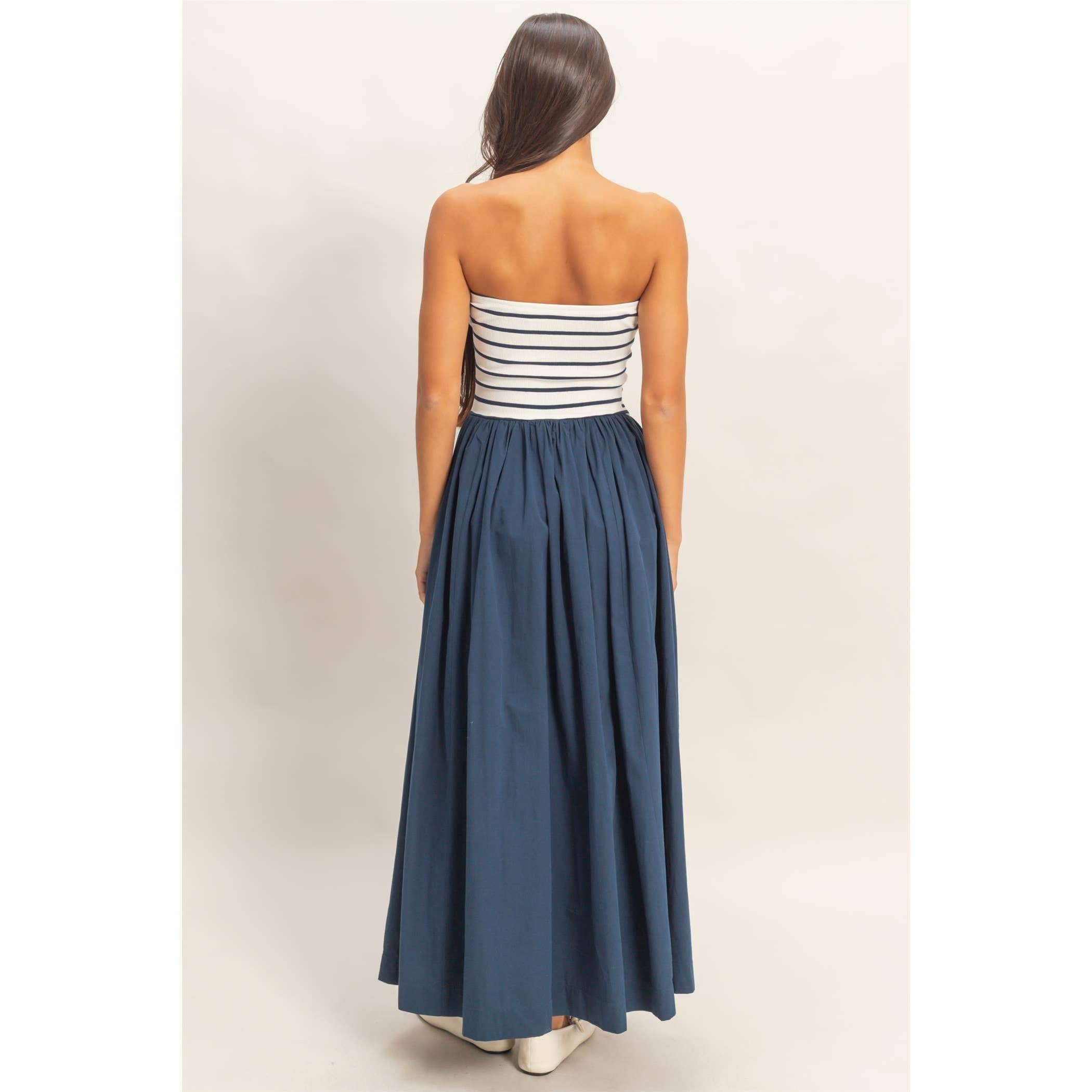 Striped & Strapless Midi Dress