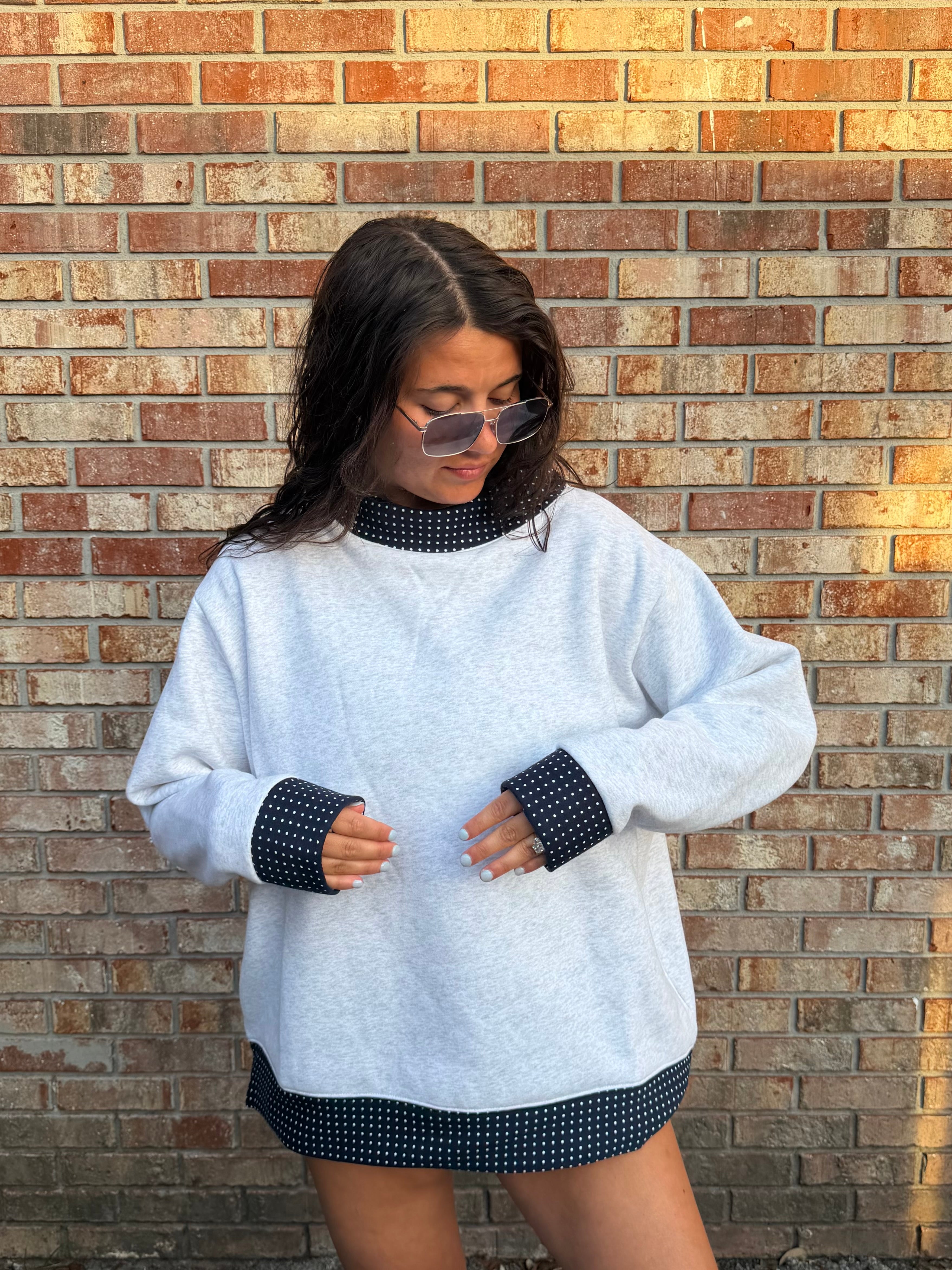 Grey & Navy Polka Dot Mockneck