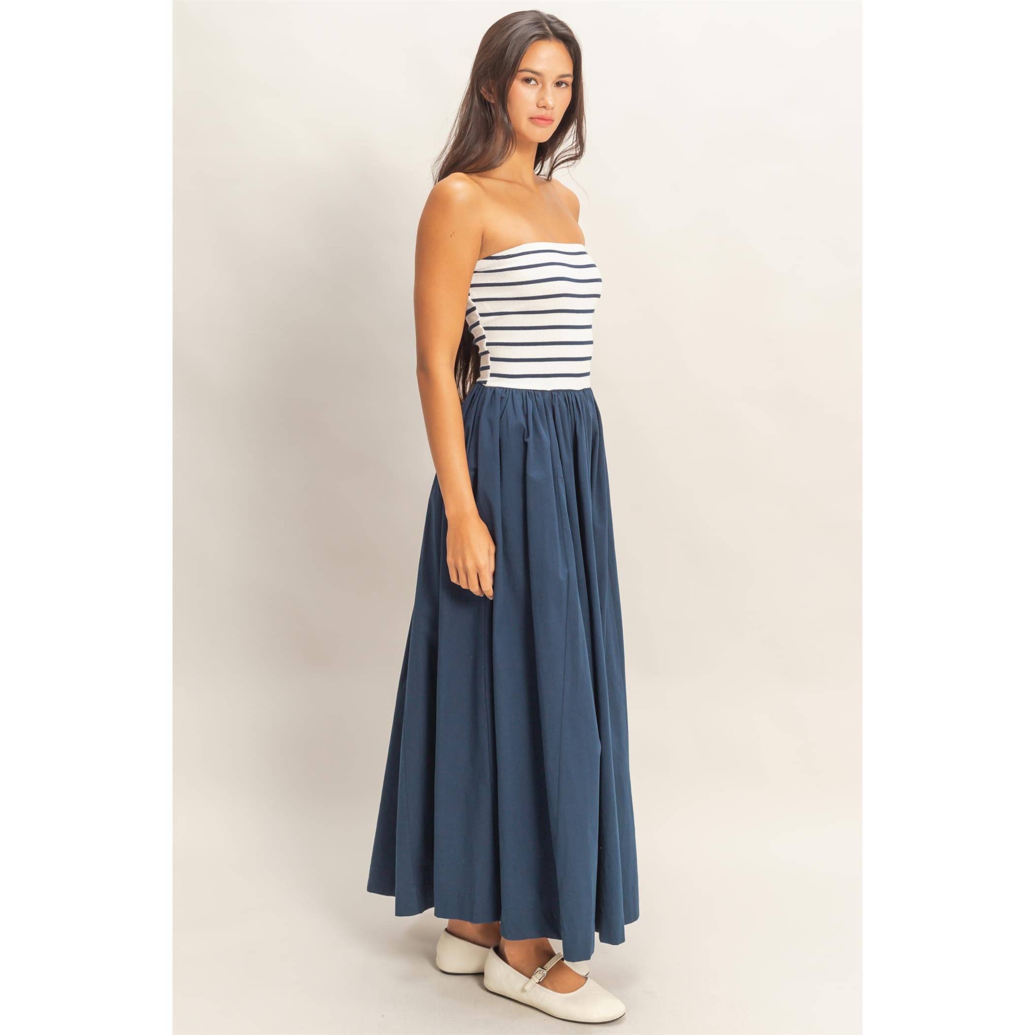 Striped & Strapless Midi Dress